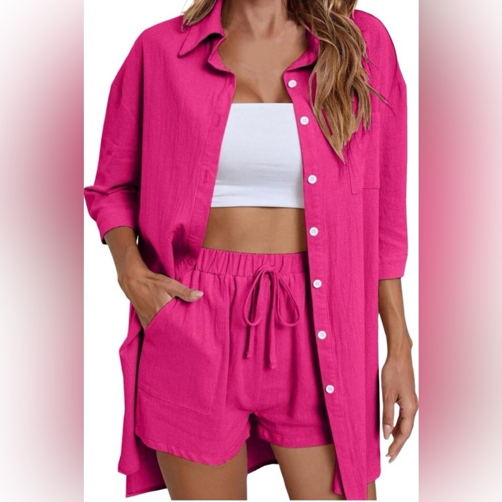 Pink Button Down 3/4 Sleeve Shirt Size M